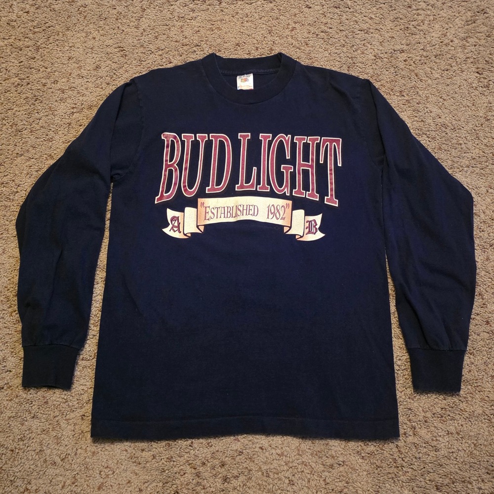 Vintage 1990s Bud Light Long Sleeve Shirt Mens Medium Fruit of the Loom Navy